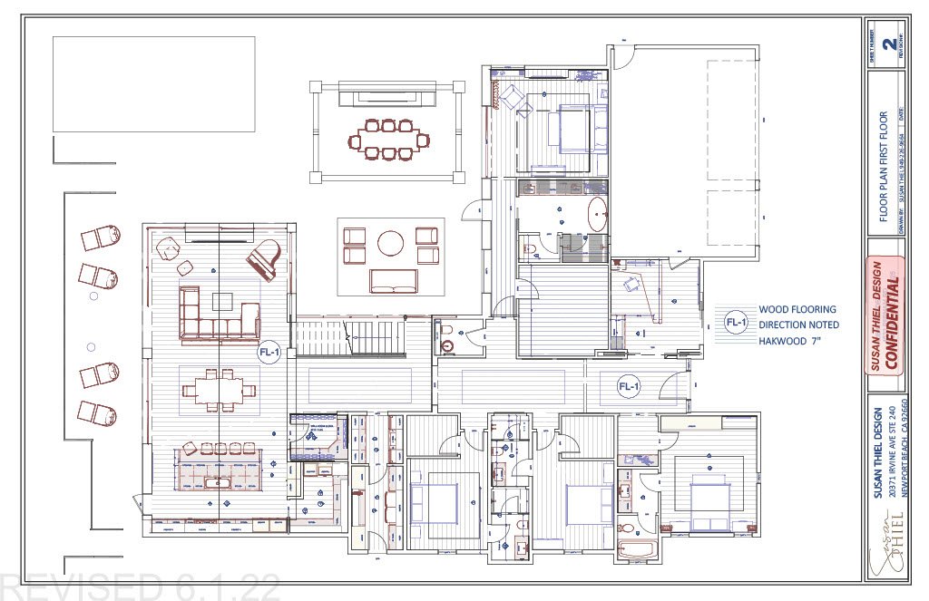 Floor plan of a house showing various rooms, living areas, bedrooms, bathrooms, and outdoor patio space with furniture and a swimming pool.