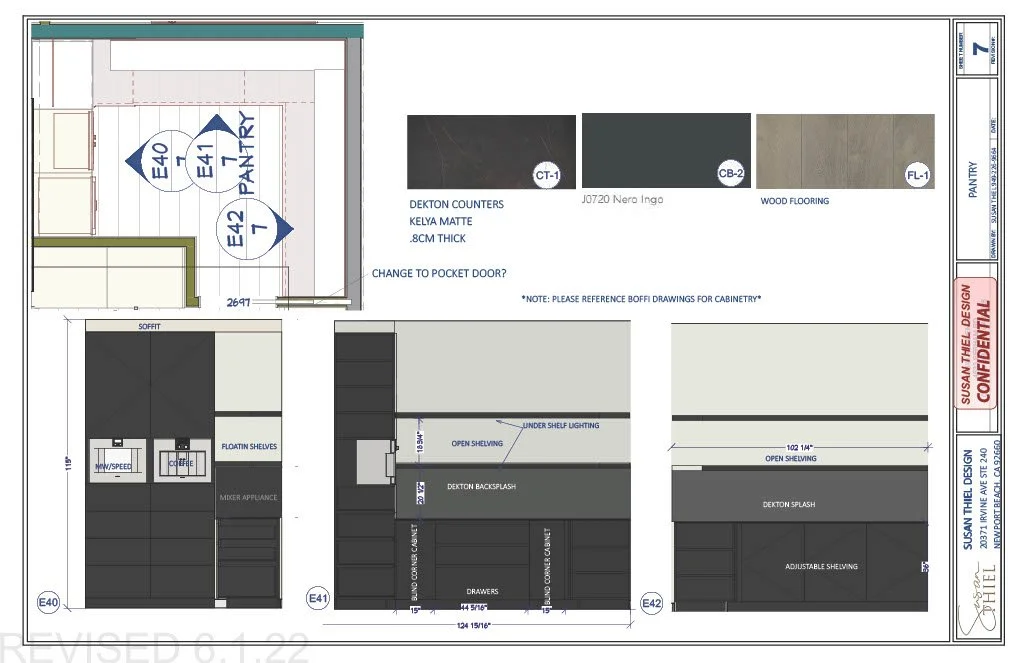 Interior design plan with labeled sections for pantry, cabinetry, open shelving, drawers, float shelves, DEKTON countertops, wood flooring, and color swatches.