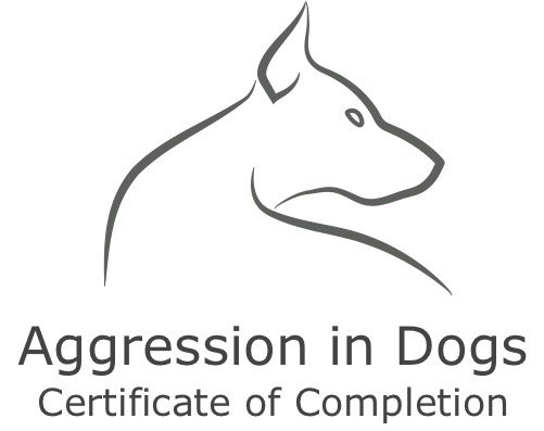 Logo with a stylized dog head outline and text reading 'Aggression in Dogs Certificate of Completion'.