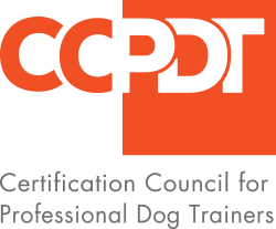 Certification logo of the Certification Council for Professional Dog Trainers (CCPDT) with black and orange design.