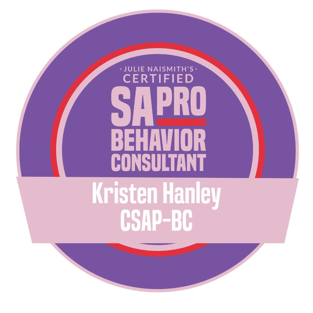 Label with purple background indicating Julie Naismith's certified SAPRO behavior consultant, Kristen Hanley, CSAP-BC.