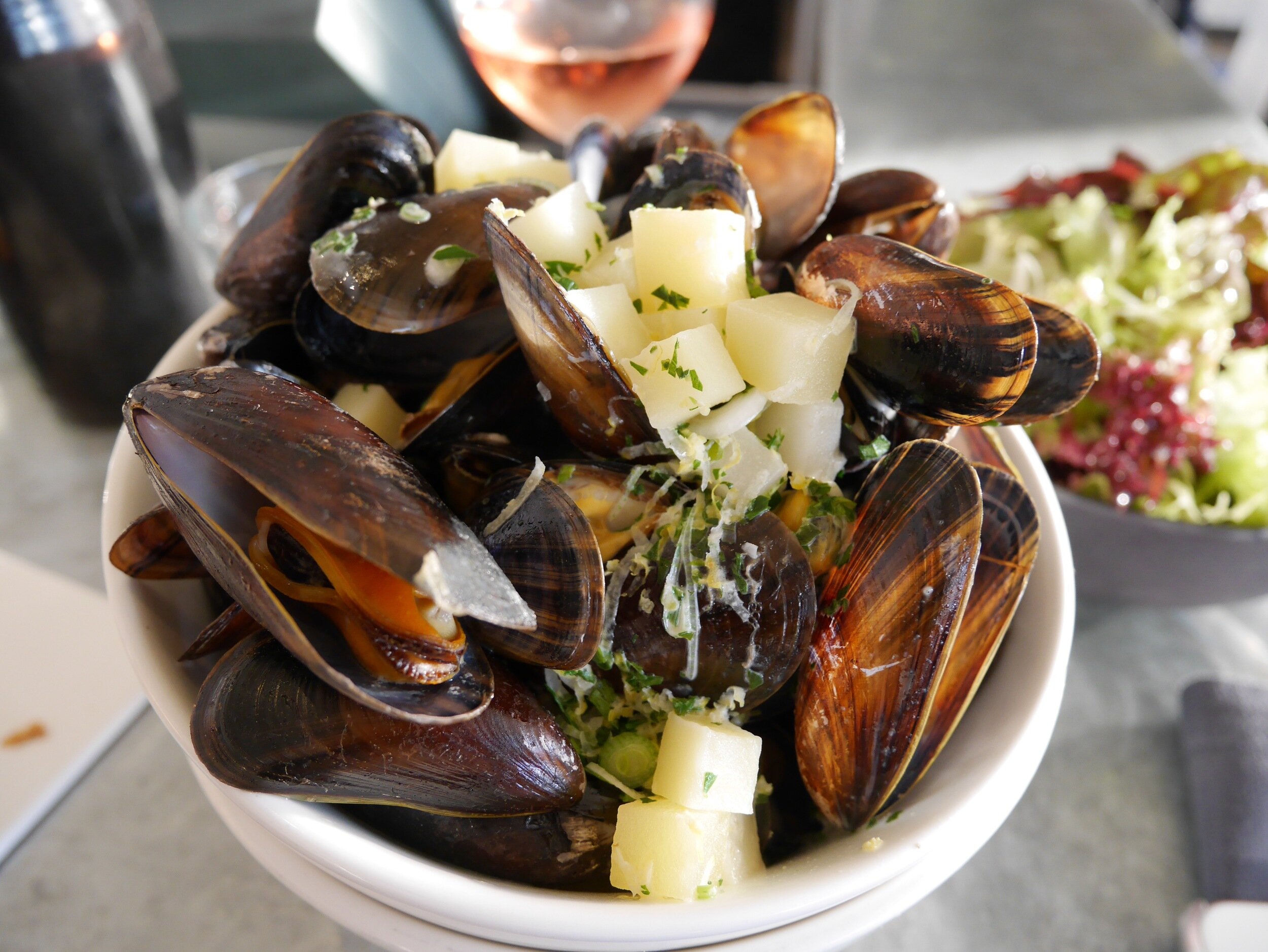 mussels and potato in a homemade apple cider vinegar broth&nbsp;