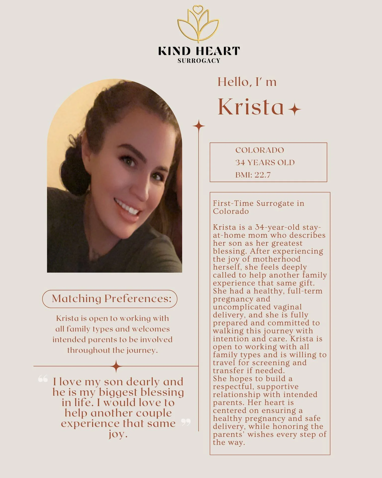 ✨ Currently Matching ✨

We are excited to share that Krista is officially ready to be matched.

Krista is a first-time surrogate from Colorado with a healthy pregnancy history and a heart fully committed to helping another family experience the joy o
