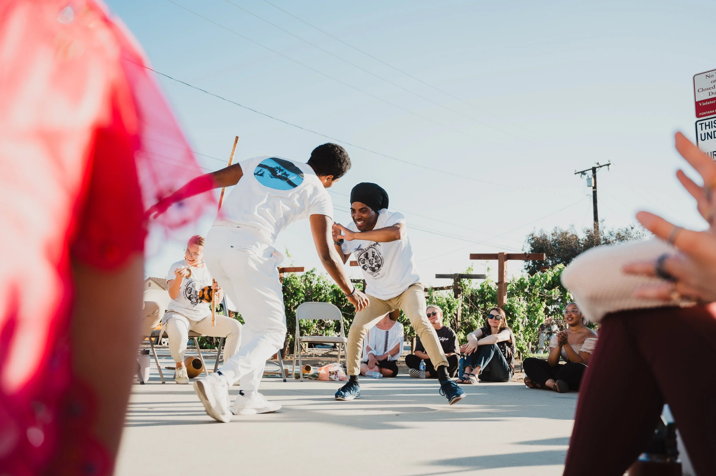 Members of N'gola Preto Velho dancing and performing a Capoeira de Angola display during a roda in Southern California, enjoying music outdoors during a community event, with seated audience and a sunny sky.