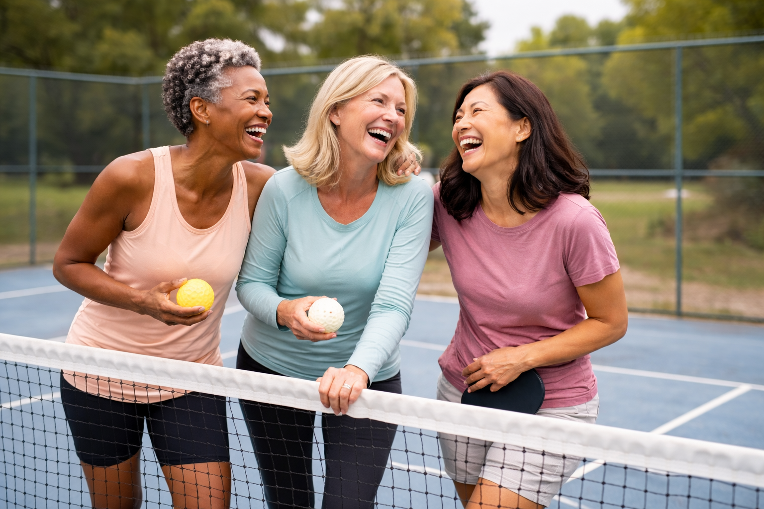 Laughing friends at the pickleball court