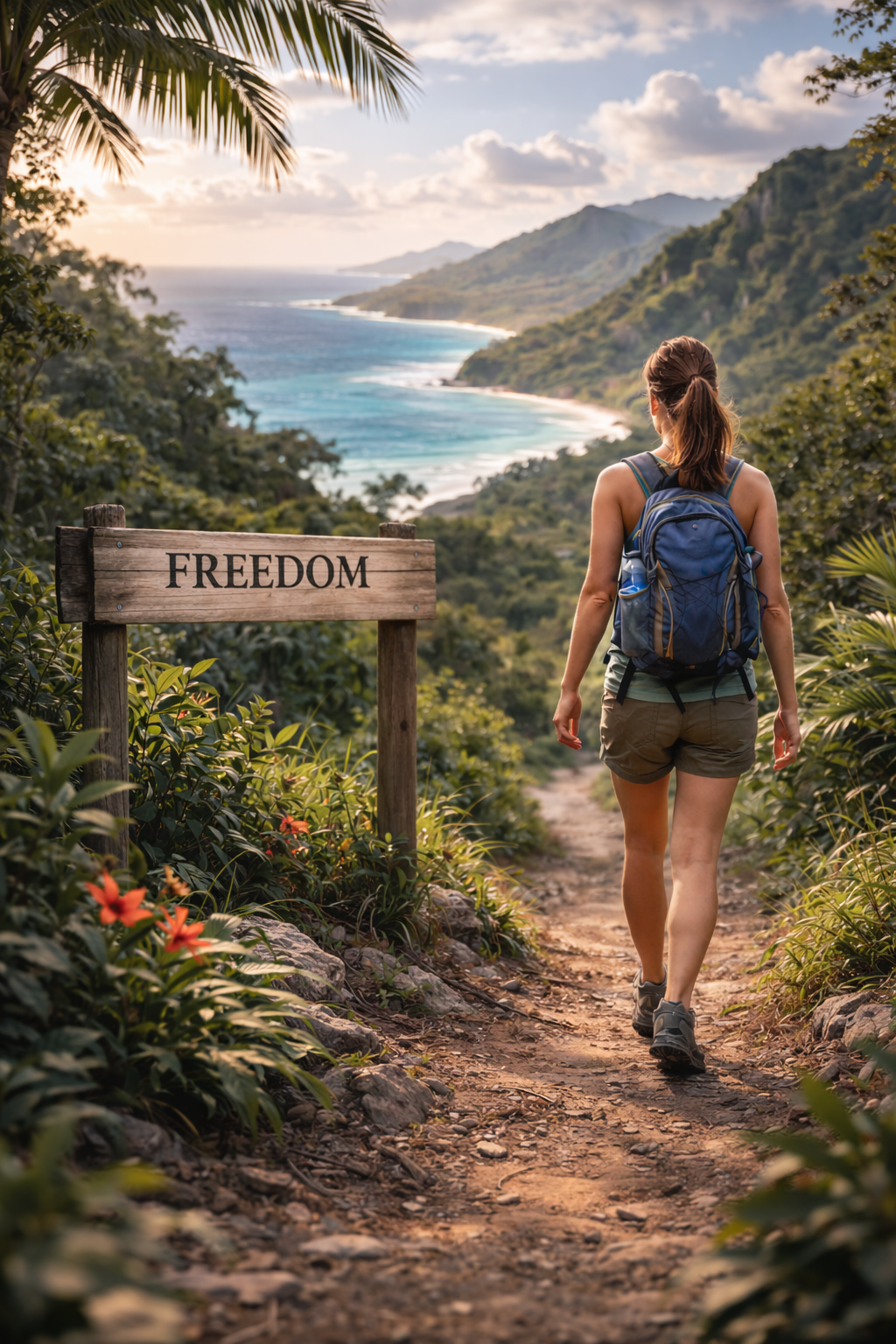 Strong woman walking down the path to freedom