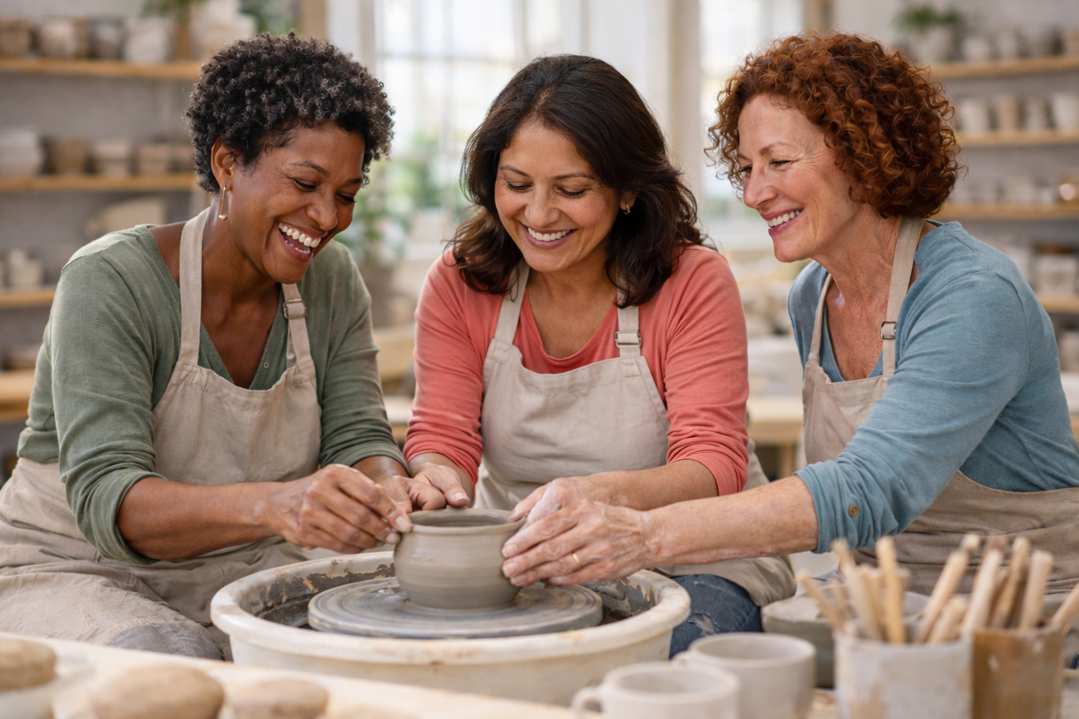 Women in a clay class learning a new skill