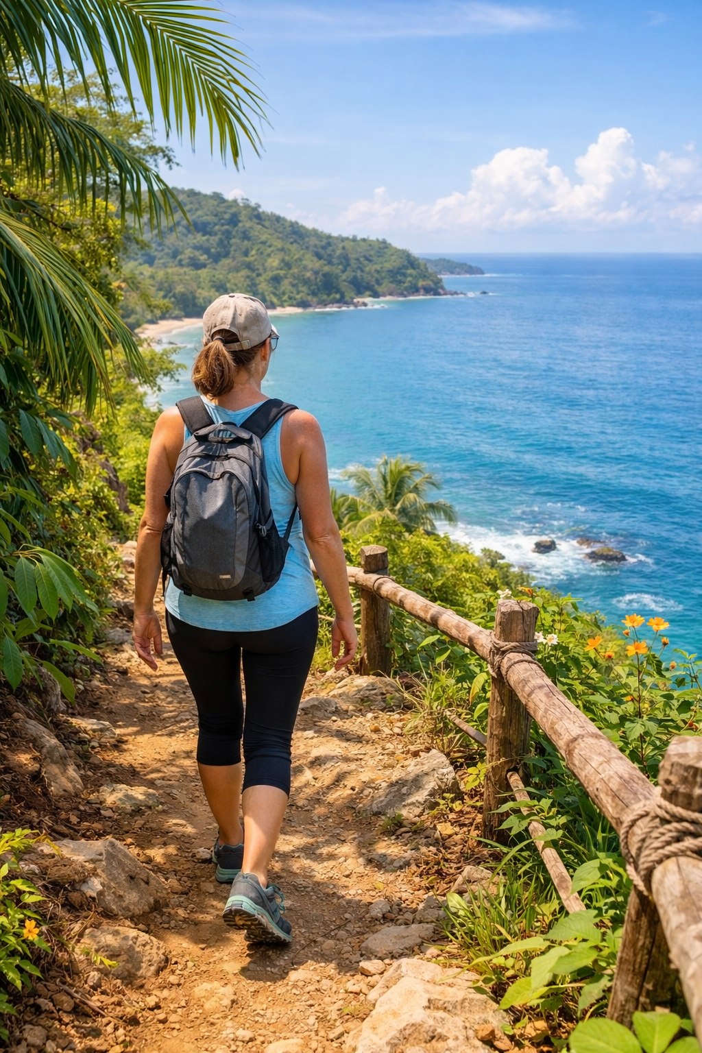 Middle aged women on a costal hike with scenic views