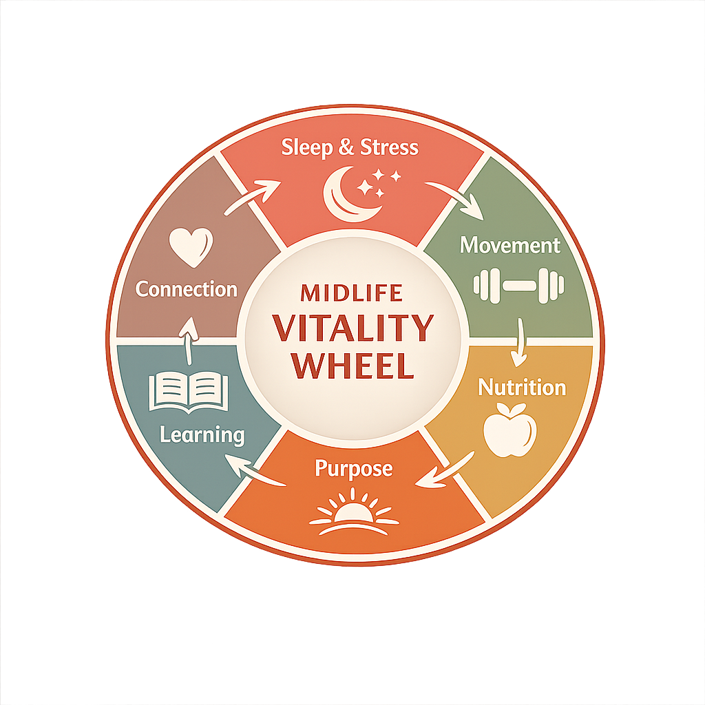 Midlife Vitality wheel represents how the six areas of vitality are interconnected