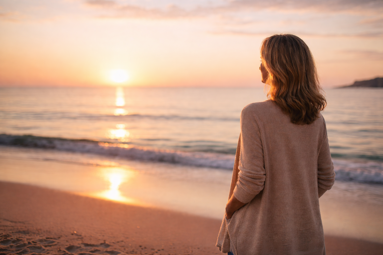 Woman standing in a peaceful moment at beach