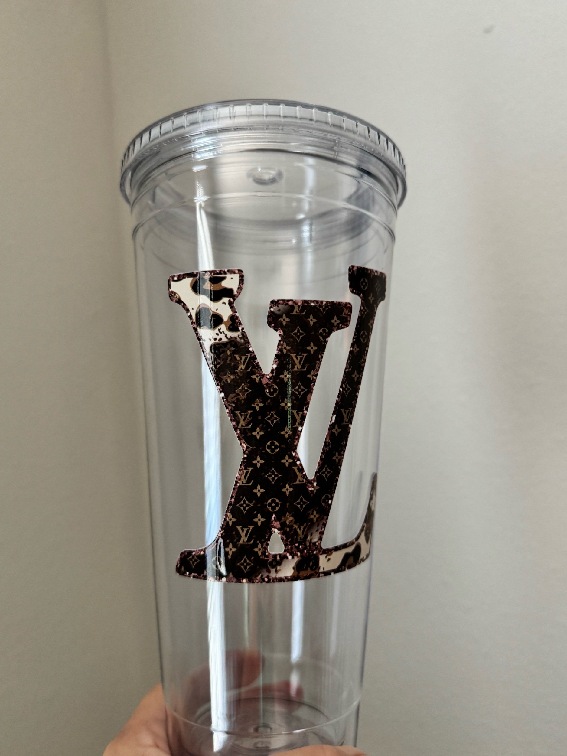 32 oz. MaeBug's Double Wall Tumbler - Cowprint Bling "LV" - Clear