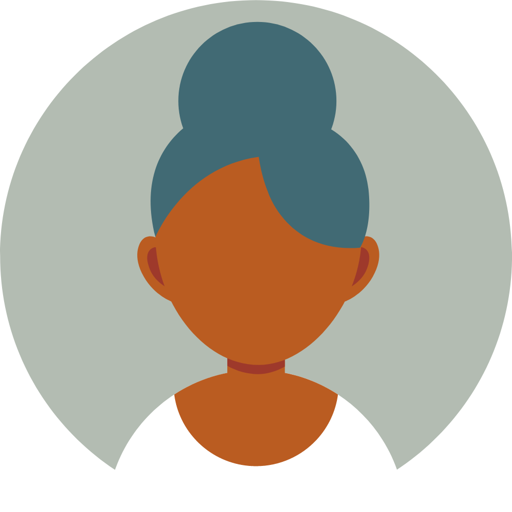 Illustration of a woman with dark skin and blue hair styled in a bun, wearing a white top, with a gray circle background.