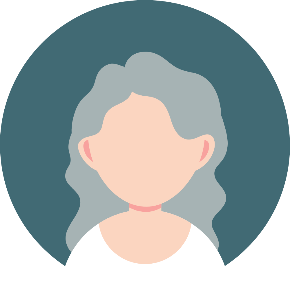 An illustration of a woman with long, wavy gray hair, no facial features, wearing a white top and a pink choker necklace, with a circular dark teal background.