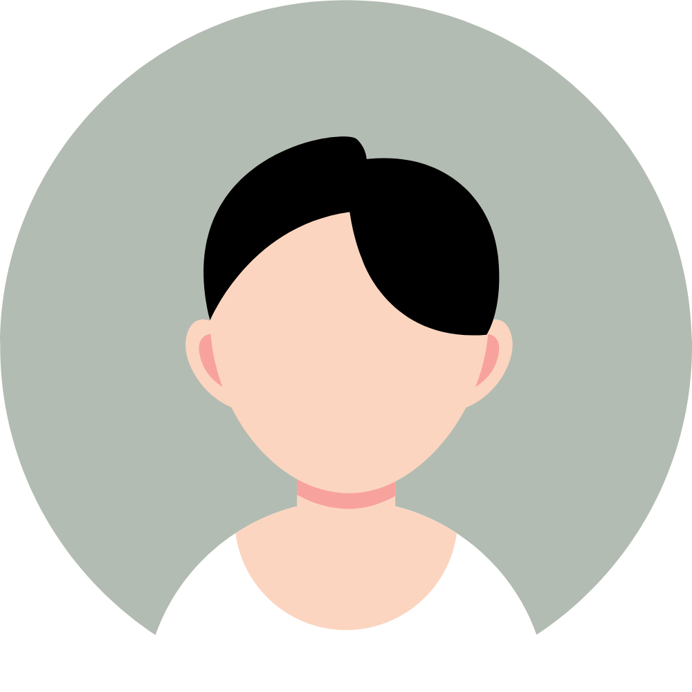 An illustration of a person with short black hair, no facial features, wearing a white top and a thin pink choker, against a gray circular background.