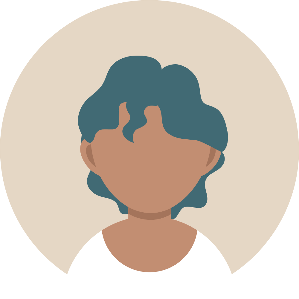 A digital illustration of a person with teal-colored hair, no visible facial features, wearing a white shirt, set against a beige circular background.