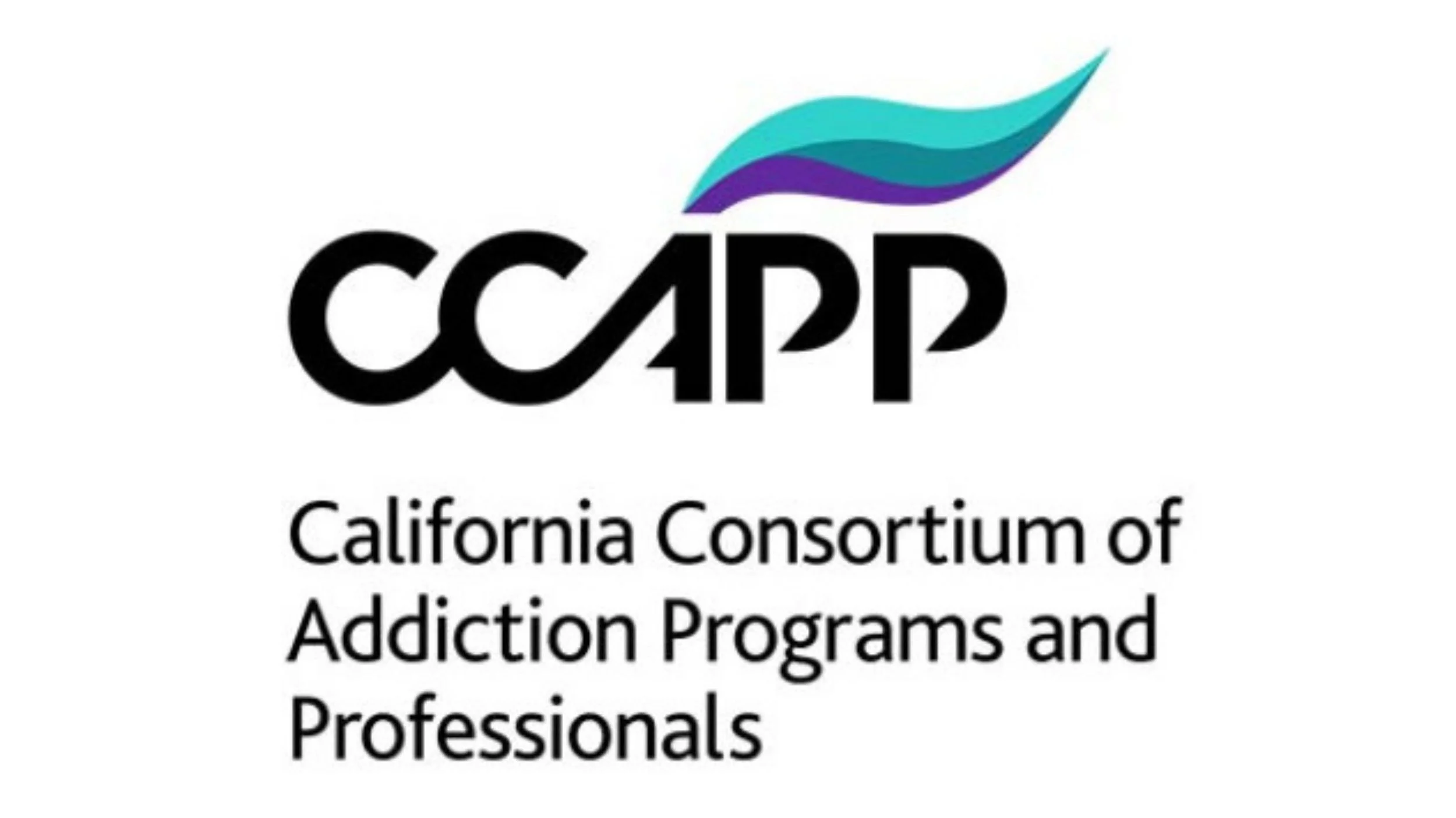 Logo of California Consortium of Addiction Programs and Professionals with stylized wave graphic and text