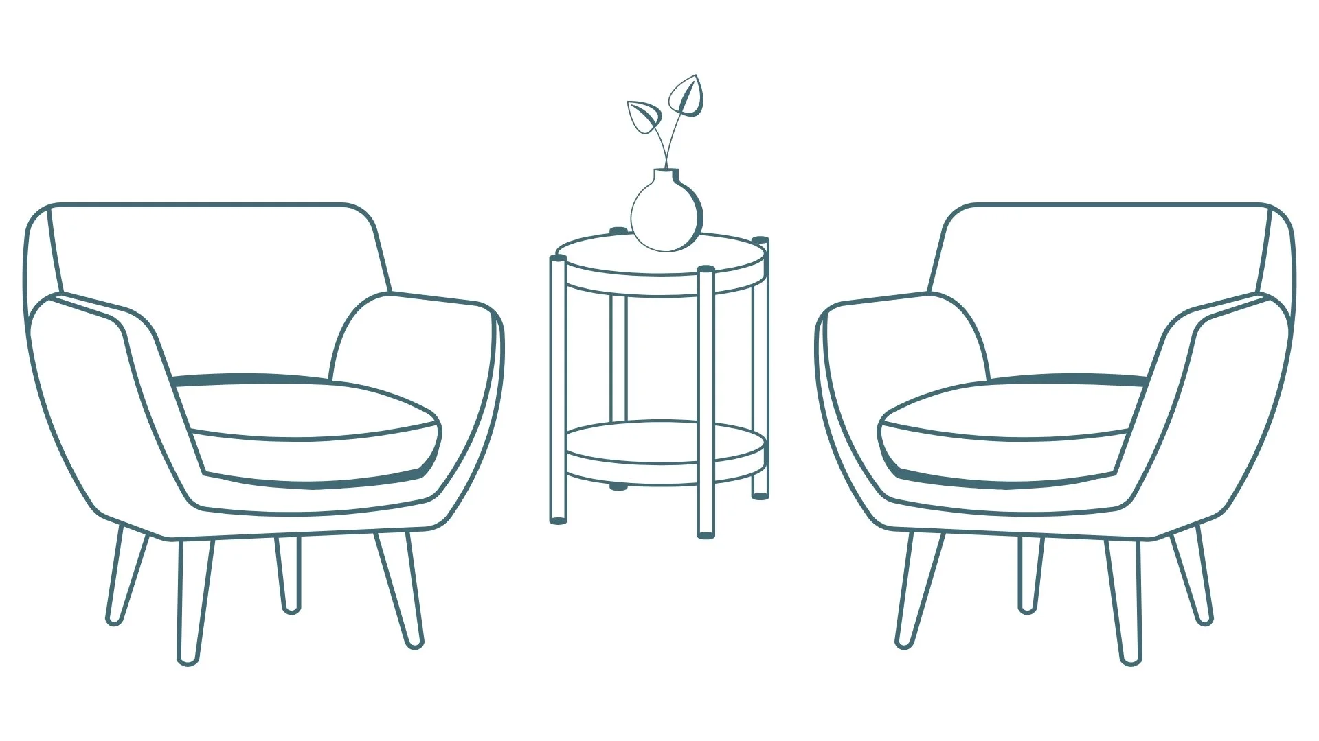 Line drawing of two modern armchairs facing each other with a round side table in the middle, which has a vase with a plant on top.