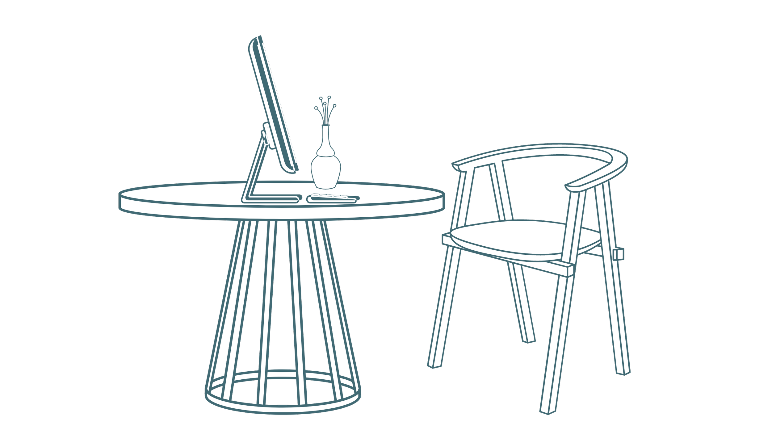 Line drawing of a desk with a computer monitor, a pen, and a vase with flowers; adjacent to a chair with armrests.