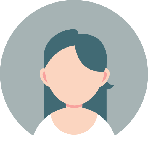 Simple illustration of a woman with dark hair in a medium length style, wearing a white shirt, against a gray circular background.