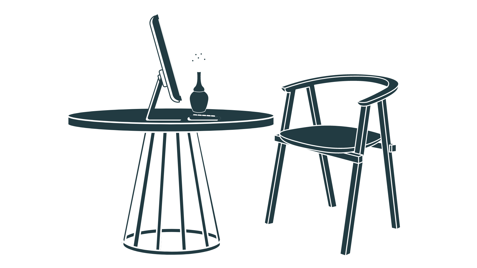 Digital illustration of an office workspace with a round table, a computer monitor, a vase with flowers, and a chair.