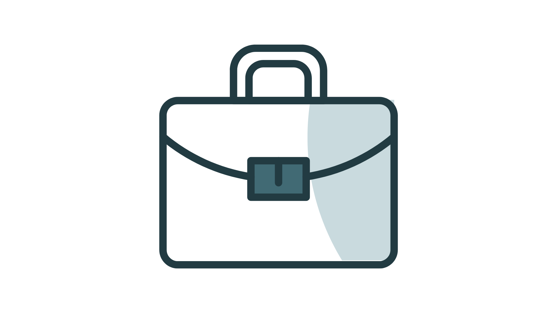 Outline drawing of a briefcase with a handle and buckle, featuring a shaded section on the right side.