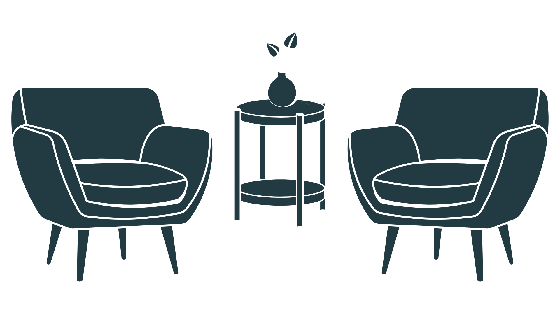 Outline illustration of two armchairs facing each other, with a small round table between them holding a decorative vase with three leaves.