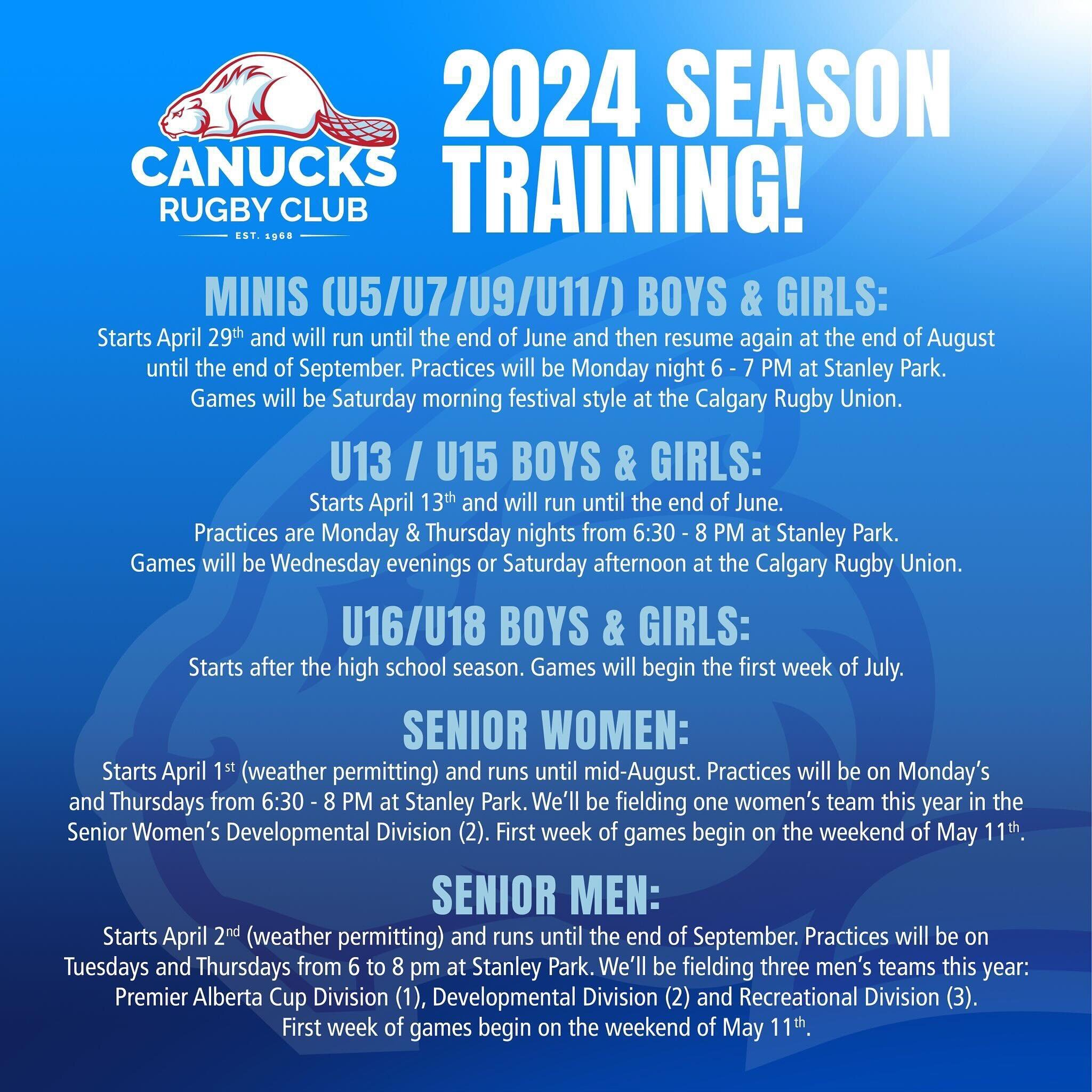 While there&rsquo;s still snow on the ground, the 2024 rugby season is almost here! See our preliminary outdoor start dates and important info for our various teams! 

Join us this season for fun, competitive or social rugby. We have a spot for every