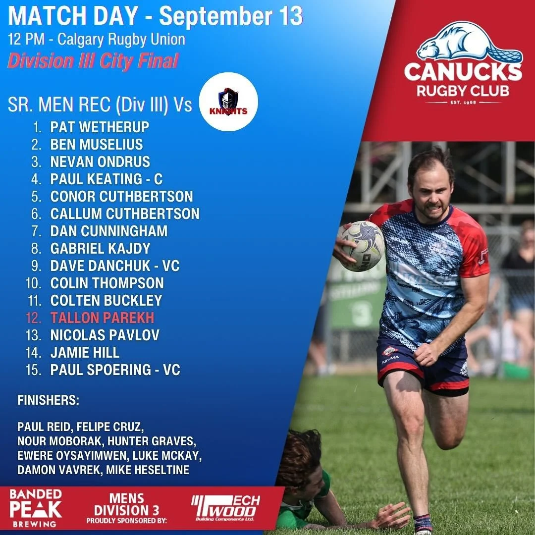SUPER SEPTEMBER SATURDAY! See our match rosters for tomorrow&rsquo;s Canucks triple header at @calgaryrugby for the City Championships! Make sure to get down early, clap on the squads and support us all day as we aim to make club history by bringing 