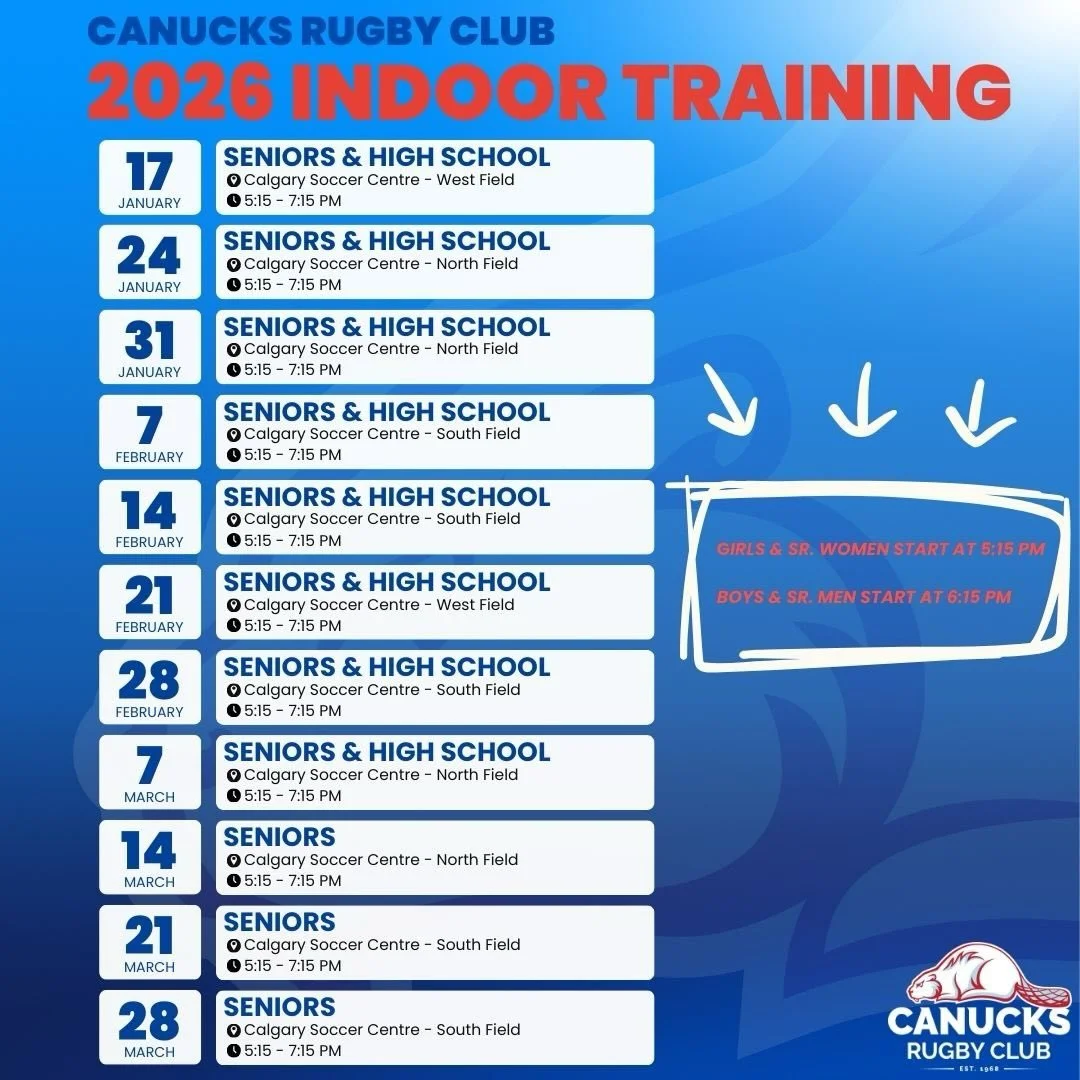 2026 is here, meaning rugby season is near! Find our indoor training and strength &amp; 
conditioning program schedules for all our age groups! 

Seniors will be $100 for all sessions or $12 drop-in - new players get their first session free! Juniors