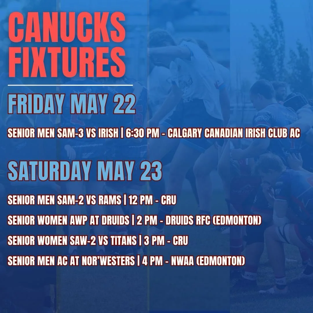Big weekend of matches upcoming for our Seniors with all 5 teams in action, including the debut of our Prem squads on the road! Make sure to come out and support!

#UpTheCanucks #CanucksRugby #AlbertaRugby