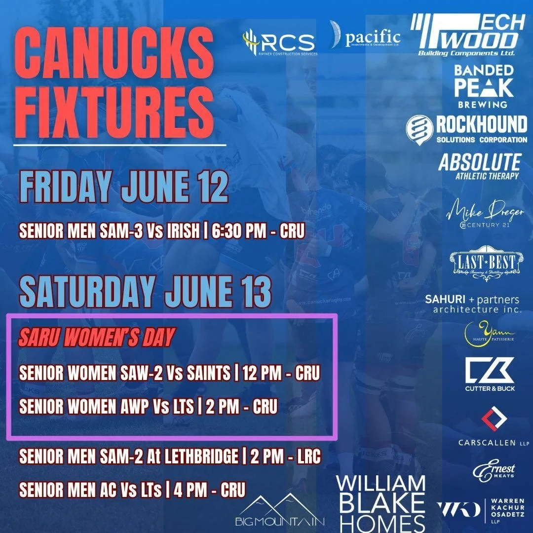 Big weekend coming up for the Canucks!! Women&rsquo;s day at the Calgary rugby park, come cheer on our women&rsquo;s teams at 12pm and 2pm. Men&rsquo;s third division takes the field this Friday with Men&rsquo;s 1st and 2nd division finishing it off 