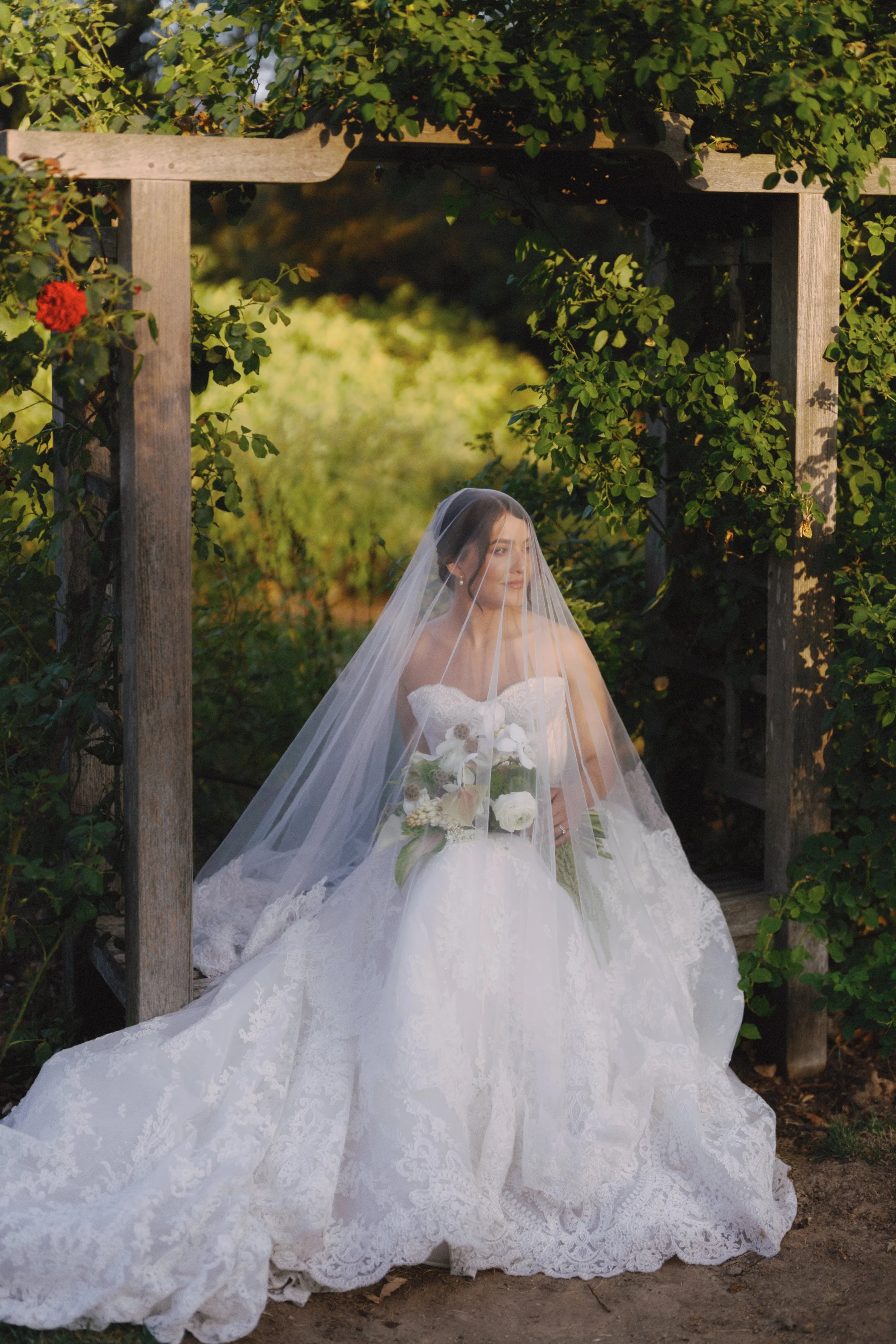 A bride wearing a white wedding gown with lace details and a long train, holding a bouquet of white flowers, standing outdoors under a wooden archway covered with greenery and a single red flower. She is wearing a veil and has a serene expression.