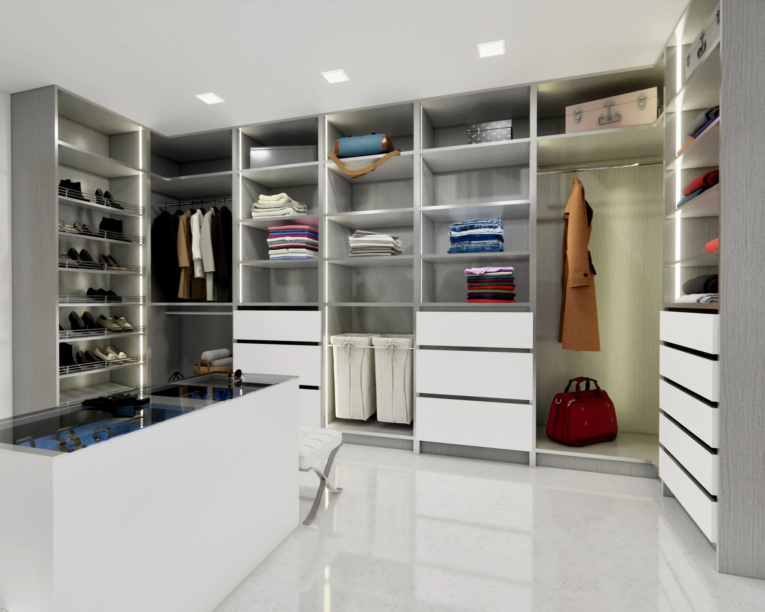 Modern walk-in closet with shelves, drawers, hanging clothes, shoes, and storage bins.