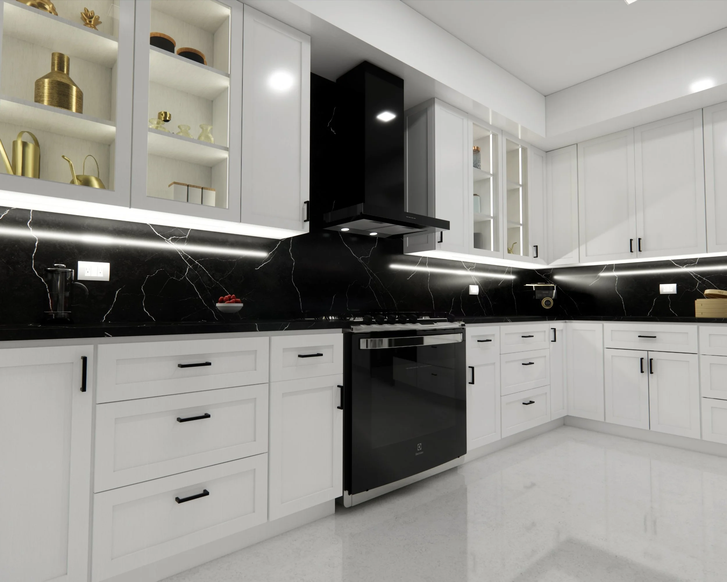Modern kitchen with white cabinets, black quartz countertops, a black stove, and open shelving with decorative items.