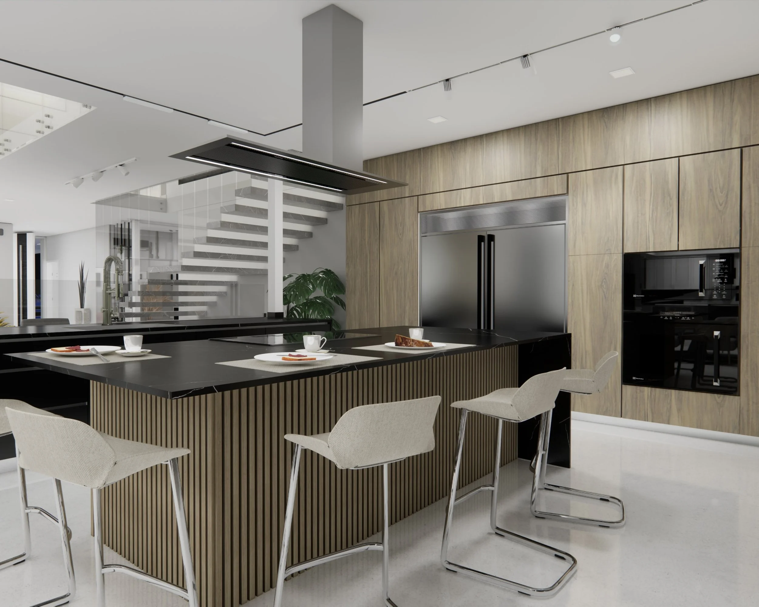 Modern kitchen with a black island, bar stools, and built-in wood cabinetry. Features stainless steel appliances and a staircase in the background. deko panel