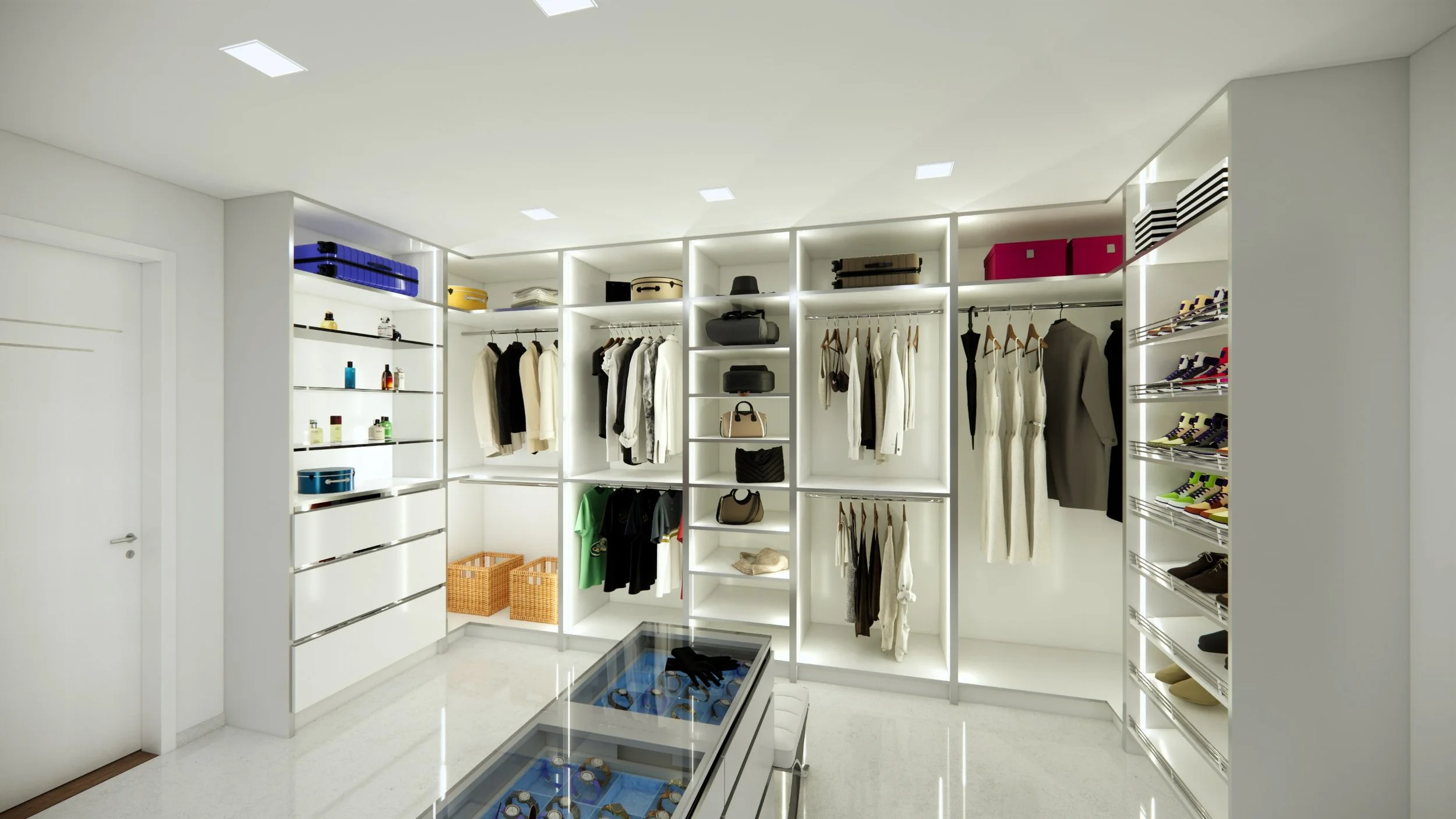Spacious walk-in closet with shelves displaying shoes, clothing, hats, and accessories. Hanging clothes include jackets and dresses. Baskets and cases are organized on shelves.