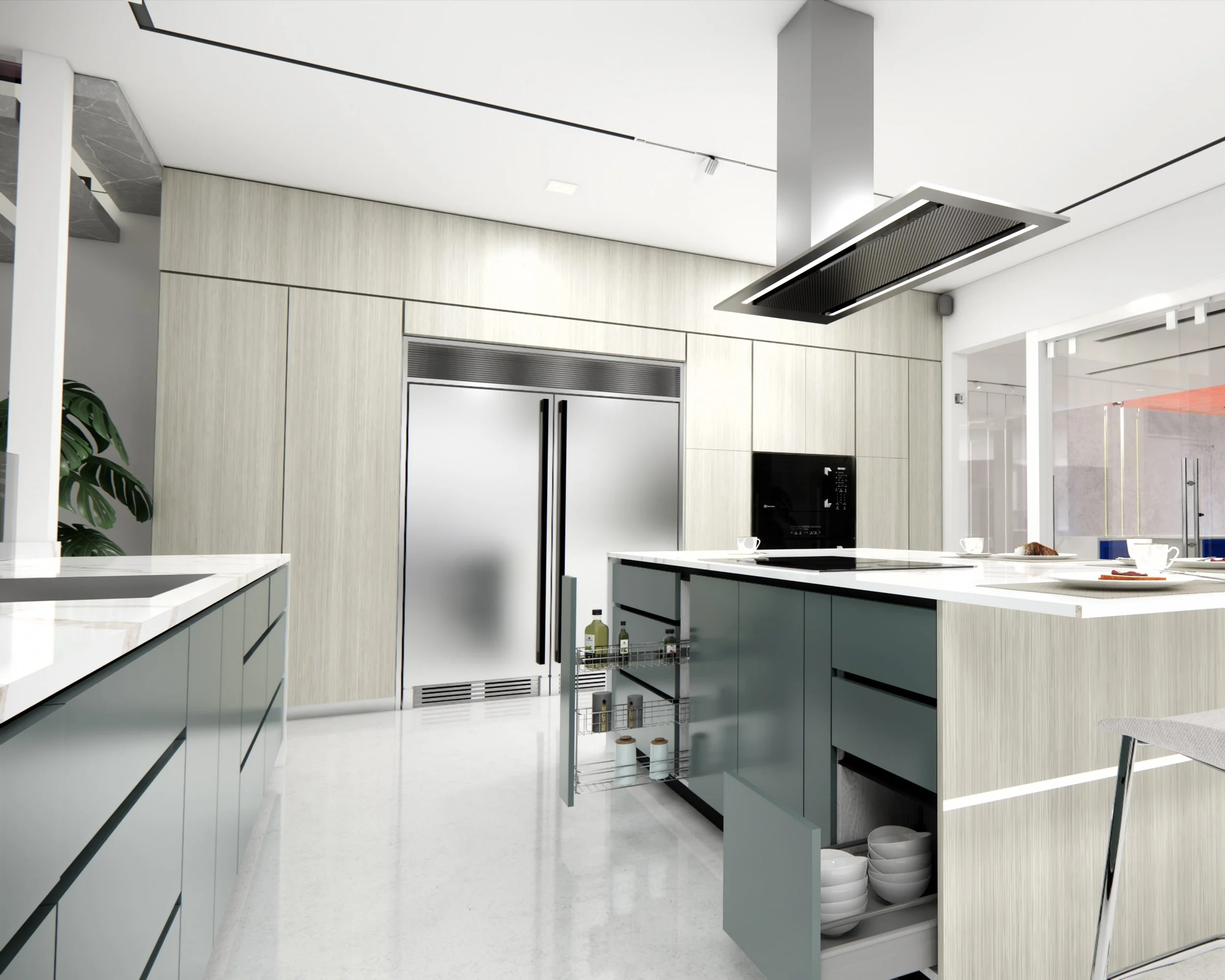Modern kitchen with island, stainless steel appliances, light wood cabinets, and minimalist decor. pistachio kitchen