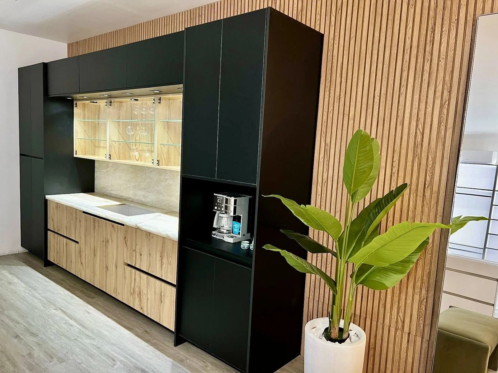 Modern kitchen interior with black cabinetry, glass display shelves, and a marble countertop. A coffee machine is placed on a shelf, and a potted plant with large green leaves decorates the wooden paneled wall beside the kitchen setup.