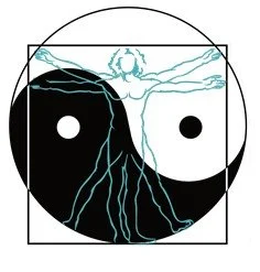 yin yang symbol overlaid with a line drawing of the vitruvian man: logo of Impact Acupuncture