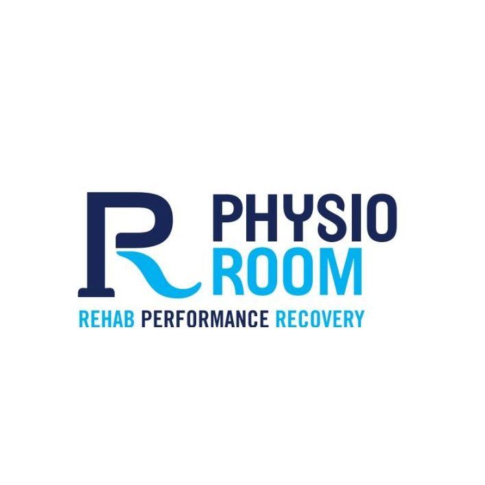 White background with the words Physio Room - Rehab, Performance, and Recovery in black and blue. They are endorsed by the sports and deep tissue massage therapists at The Studios at Summit in Centennial, Co
