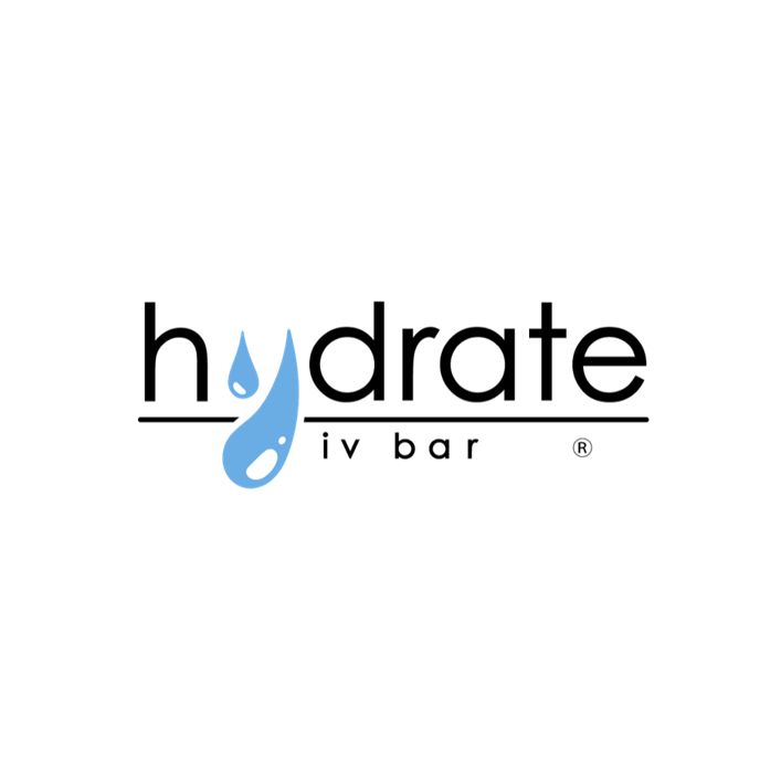 white background with the words "Hydrate IV bar" in black. They are endorsed by the therapeutic massage therapists at The Studios At Summit in Greenwood Village, Colorado
