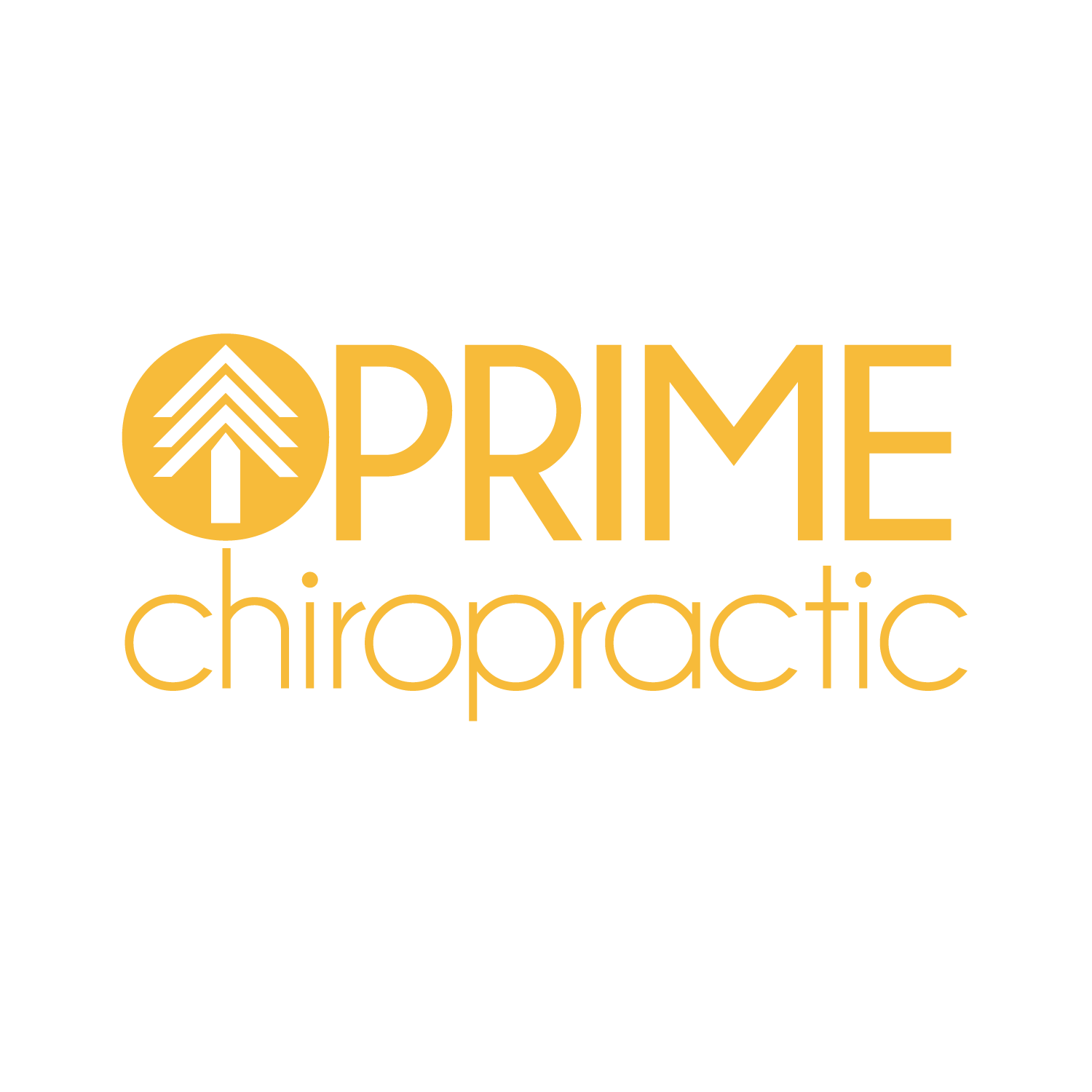 orange/yellow words spelling out Prime Chiropractic, with a small white and yellow tree growing tall and straight