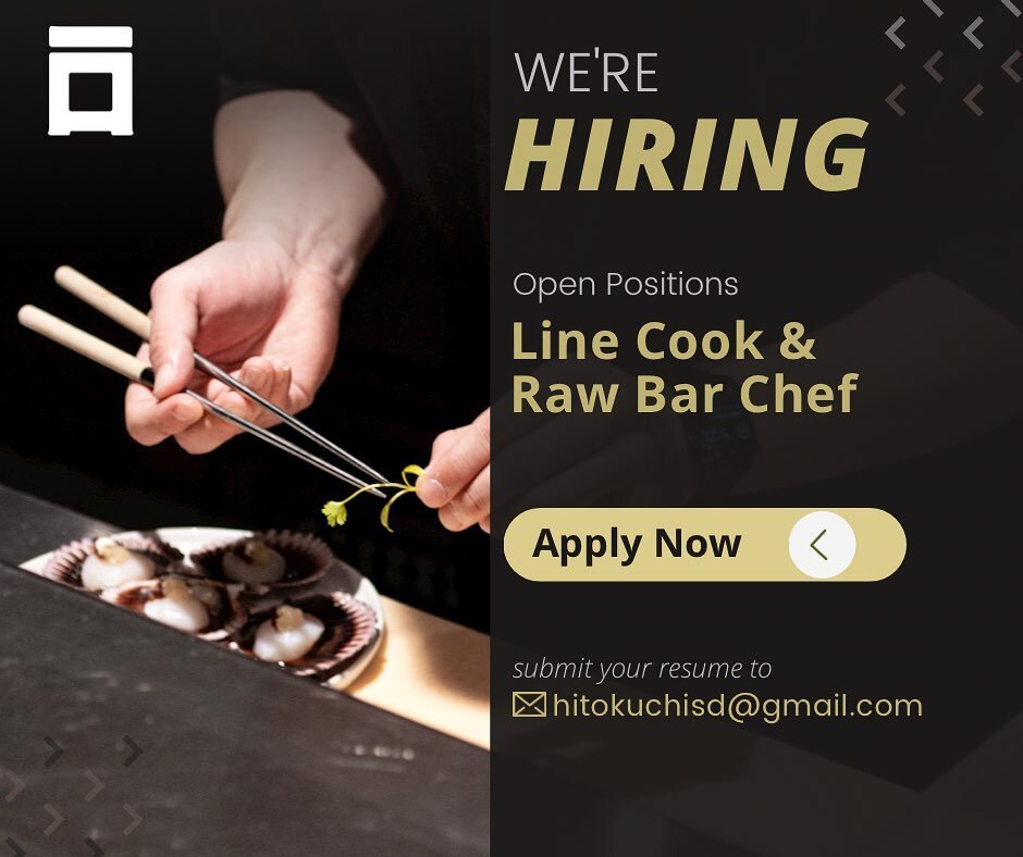 We are seeking a talented and experienced Line Cook and Raw Bar Chef to join our team at #Hitokuchi! If you&rsquo;re passionate about food, have a creative flair in the kitchen, and are dedicated to delivering exceptional cuisine, we want to hear fro