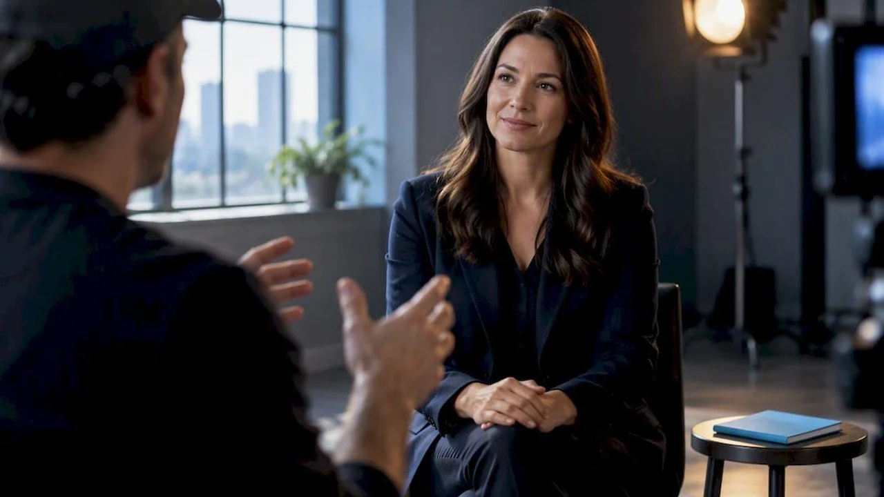 Alex directing an executive during a filmed interview on a Dallas set