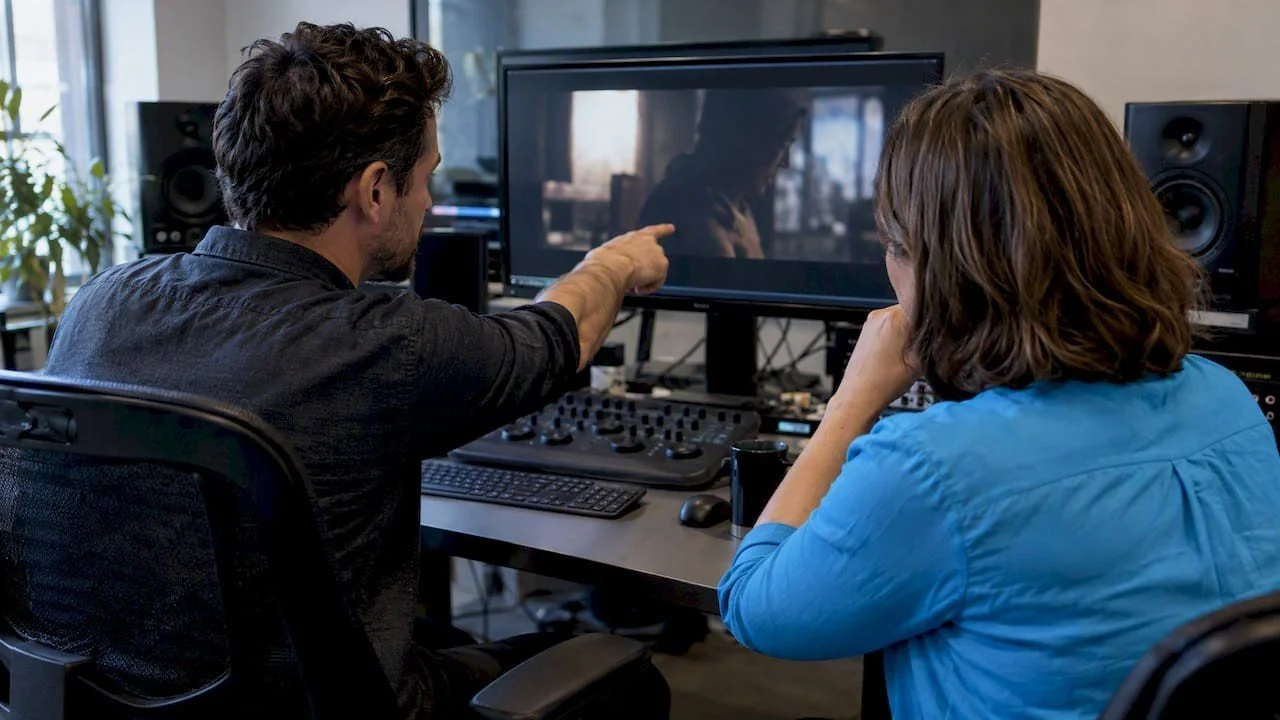 Alex reviewing footage beside camera equipment on a Dallas commercial set