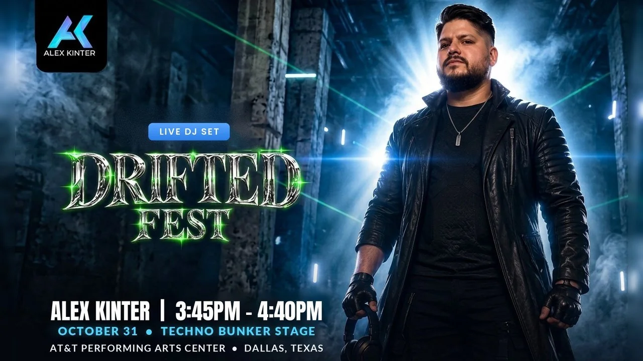 Alex Kinter Drifted Fest 2026 live DJ set flyer, Techno Bunker stage, October 31, Dallas
