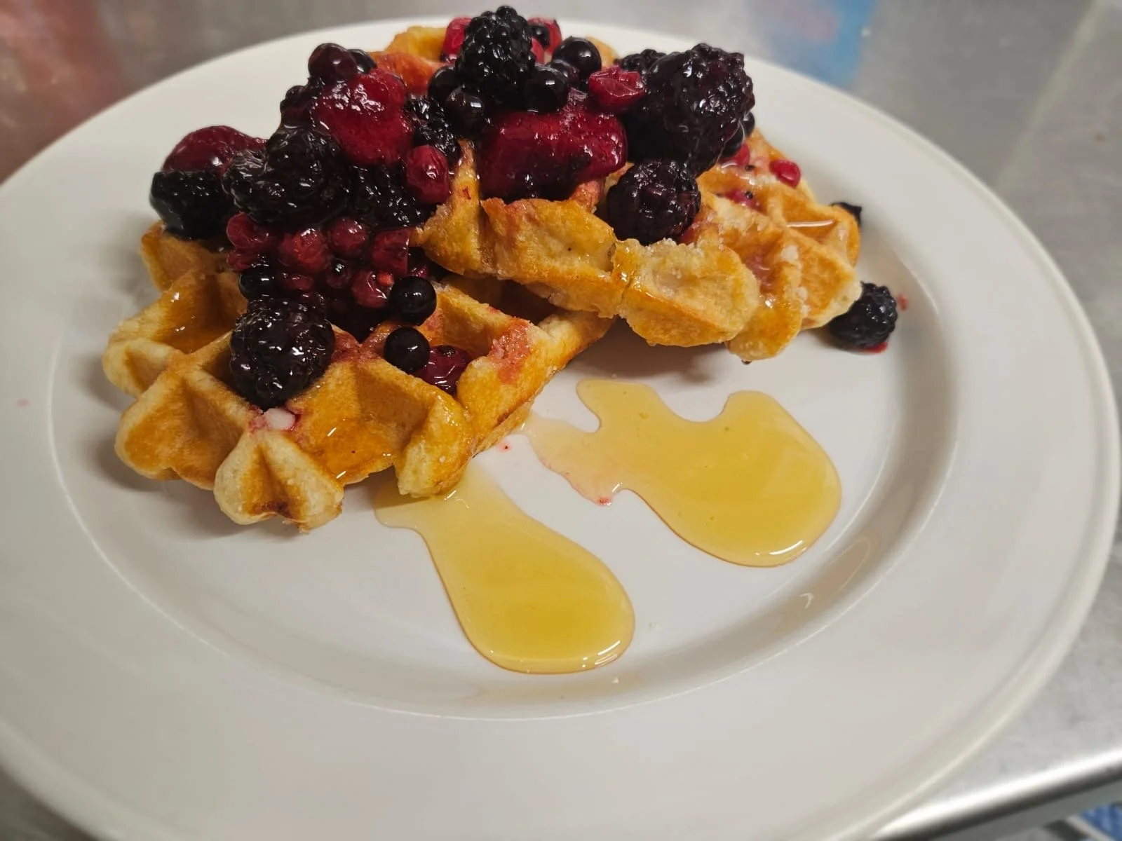 Belgian Waffles with Warm Berries and Honey