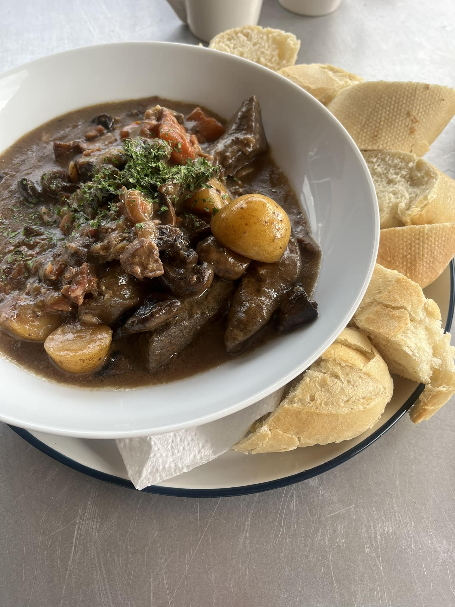 Liver and Bacon Casserole served with a Warm Baguette
