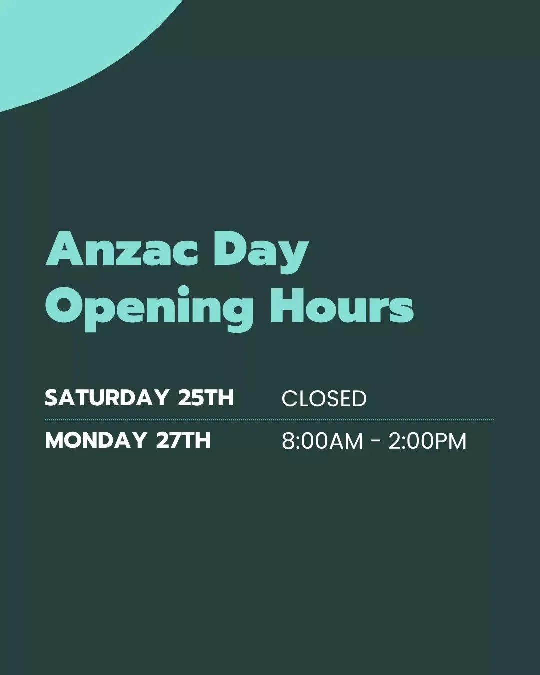 Please note our opening hours for the upcoming long weekend. 
We&rsquo;ll be open on Monday the 27th, with our kitchen closing at 1pm. 
We hope to see you then!