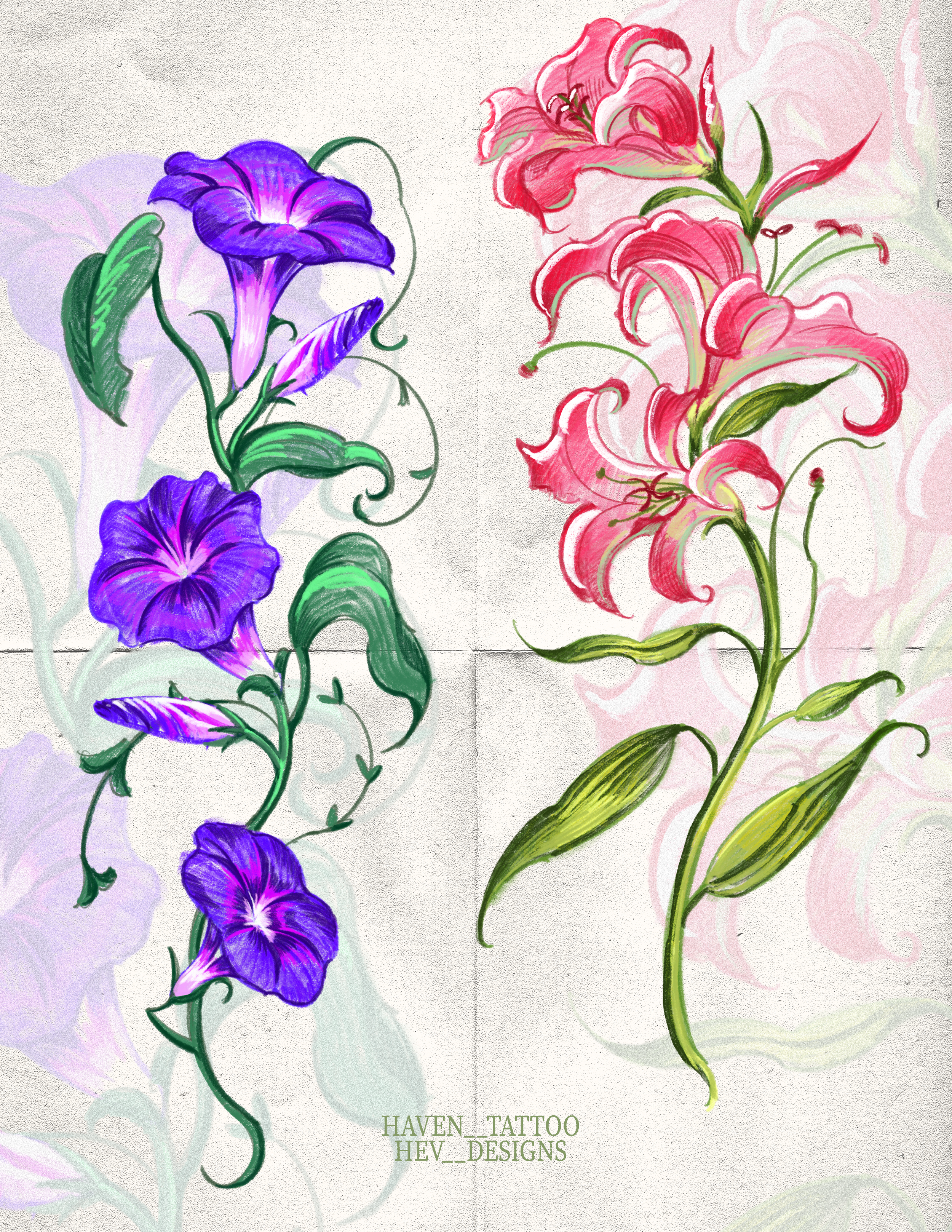 Two botanical tattoo designs: left features purple morning glories with green leaves, right features pink lilies with green stems and leaves.